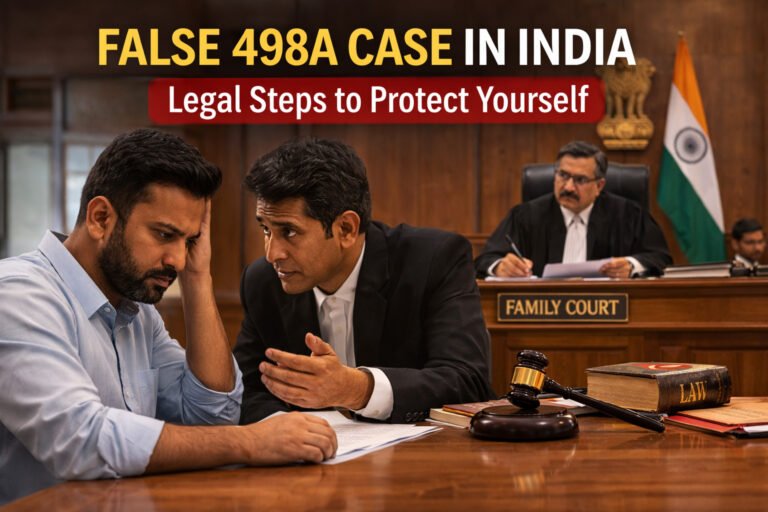 Lawyer advising a man in an Indian family court regarding legal protection in a false Section 498A case related to matrimonial disputes.