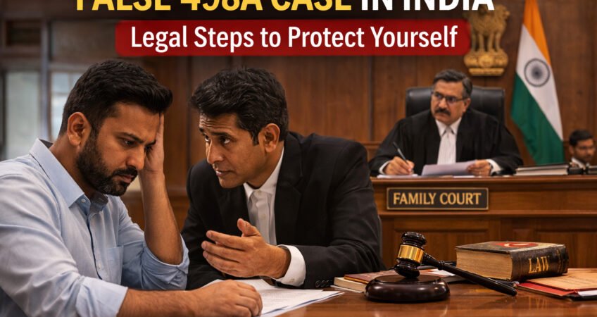 Lawyer advising a man in an Indian family court regarding legal protection in a false Section 498A case related to matrimonial disputes.