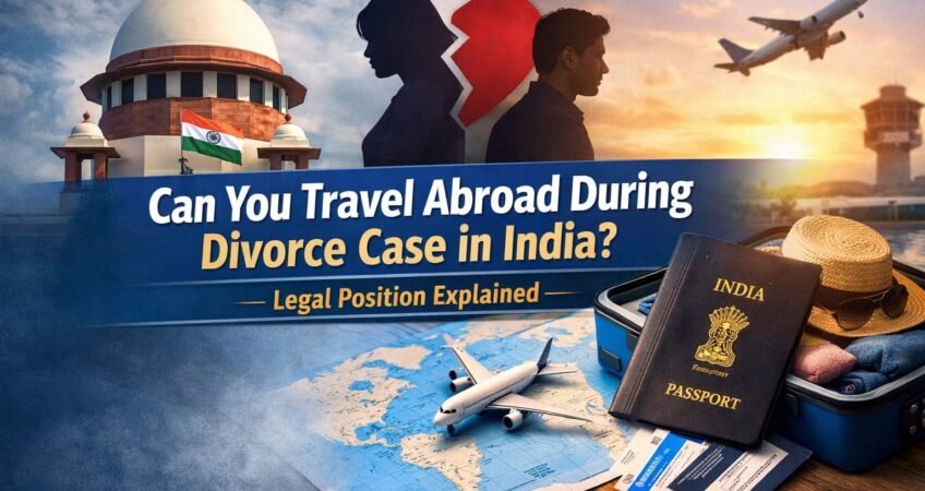 Can you travel abroad during divorce case in India legal position explained with court, passport and airplane concept