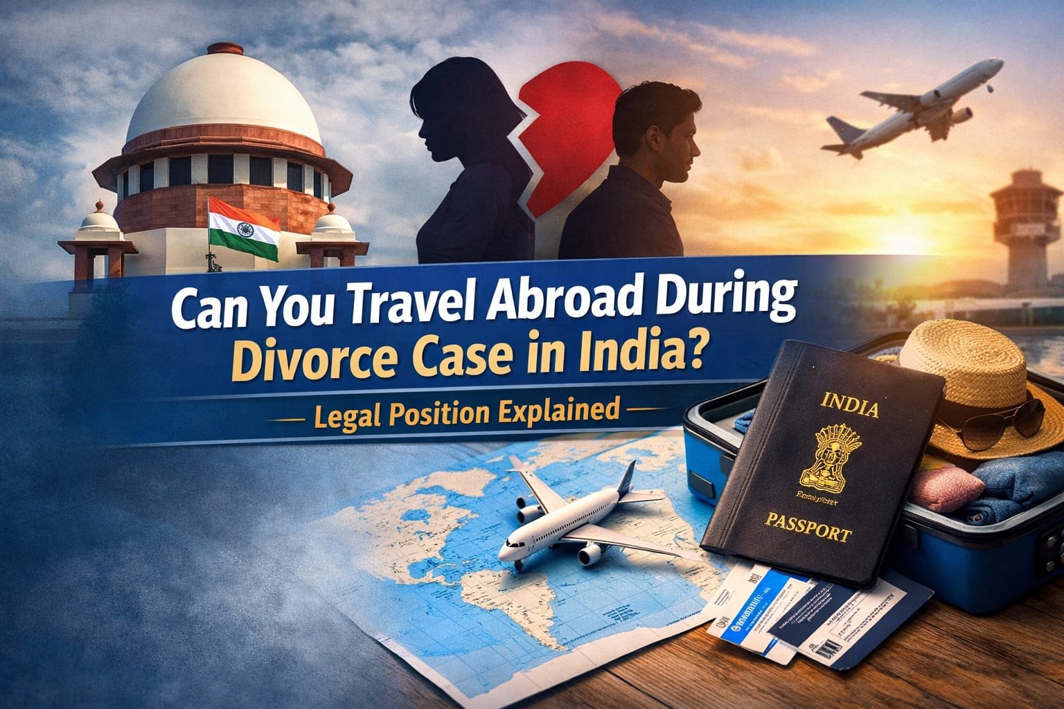 Can you travel abroad during divorce case in India legal position explained with court, passport and airplane concept