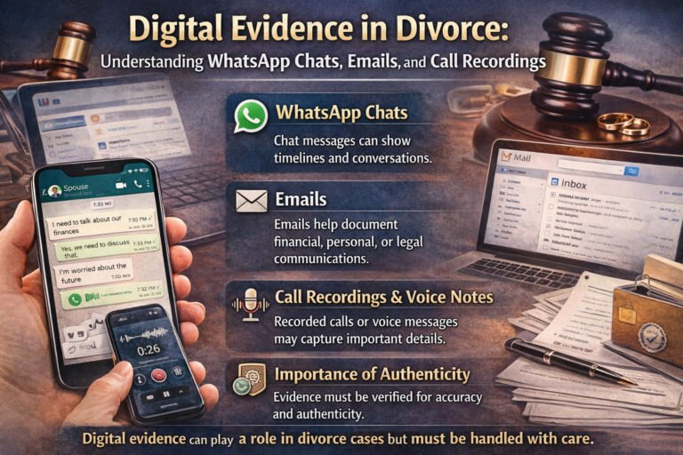 Infographic explaining digital evidence in divorce cases, including WhatsApp chats, emails, and call recordings, with legal symbols like a judge’s gavel, smartphone messages, and email communication.