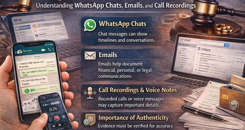 Infographic explaining digital evidence in divorce cases, including WhatsApp chats, emails, and call recordings, with legal symbols like a judge’s gavel, smartphone messages, and email communication.