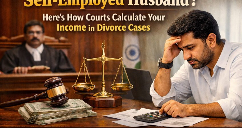 Self-employed husband calculating income with documents while Indian court judge, gavel, and justice scale appear in background representing divorce income assessment