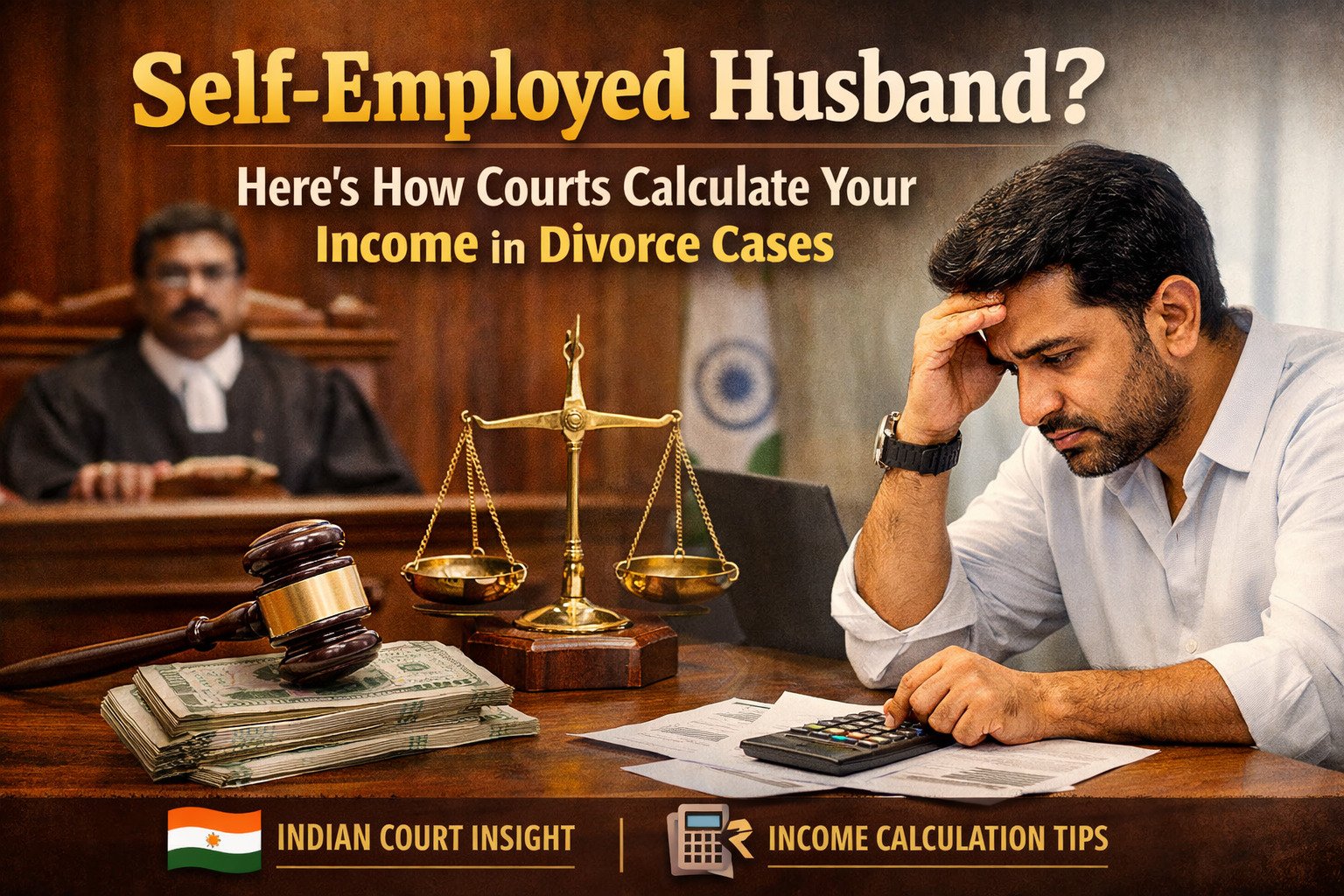 Self-employed husband calculating income with documents while Indian court judge, gavel, and justice scale appear in background representing divorce income assessment