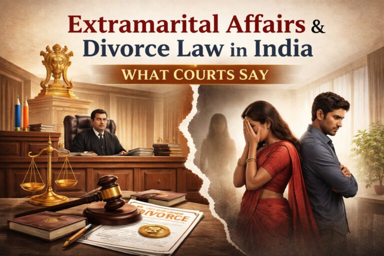 Illustration of Indian court and couple representing extramarital affairs and divorce law in India