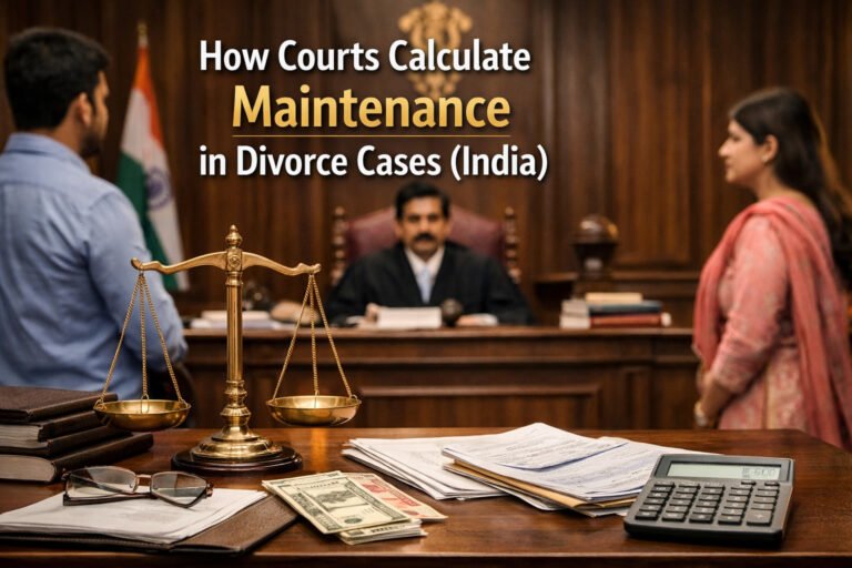 Indian court scene illustrating how maintenance is calculated in divorce cases based on income, expenses, and financial documents