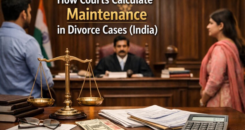 Indian court scene illustrating how maintenance is calculated in divorce cases based on income, expenses, and financial documents