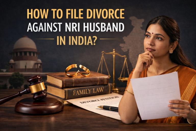 Woman reviewing legal document with gavel, law books, and text “How to File Divorce Against NRI Husband in India