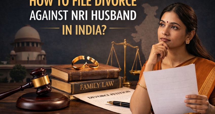 Woman reviewing legal document with gavel, law books, and text “How to File Divorce Against NRI Husband in India