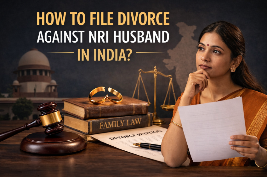 Woman reviewing legal document with gavel, law books, and text “How to File Divorce Against NRI Husband in India