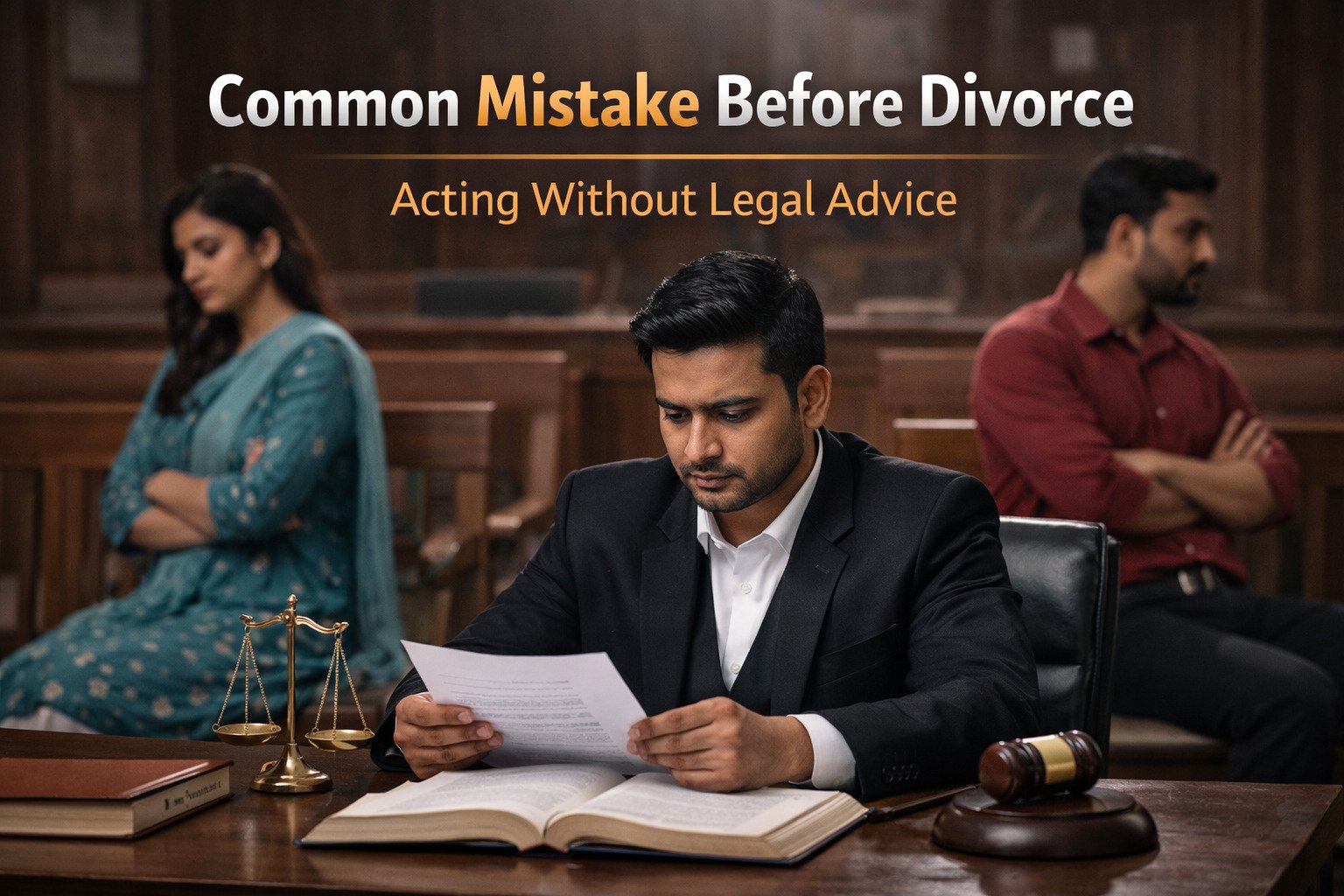 Common mistake before divorce in India showing lawyer reviewing case with couple in courtroom setting