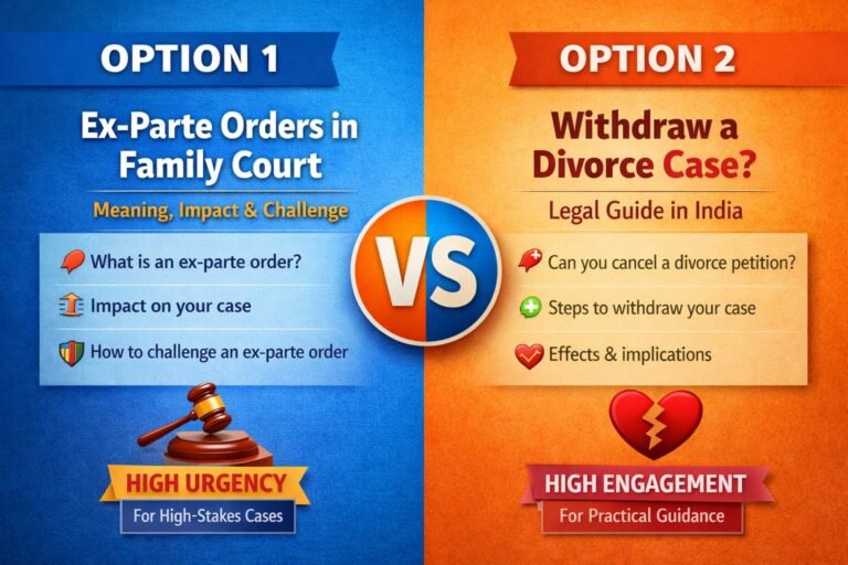 Comparison infographic showing Ex-Parte Orders in Family Court vs Withdrawing a Divorce Case in India with key legal points, symbols of justice, and highlighted urgency vs engagement themes