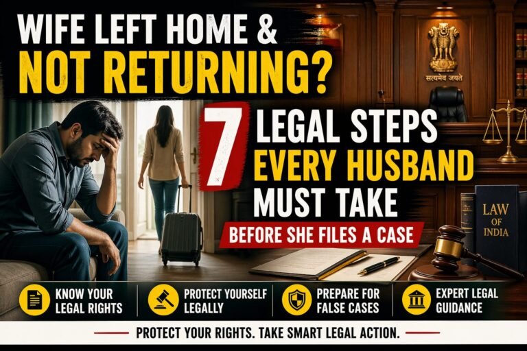 Wife left home not returning legal steps India showing stressed husband and wife leaving with suitcase in courtroom background