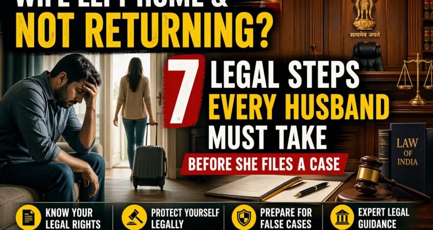 Wife left home not returning legal steps India showing stressed husband and wife leaving with suitcase in courtroom background