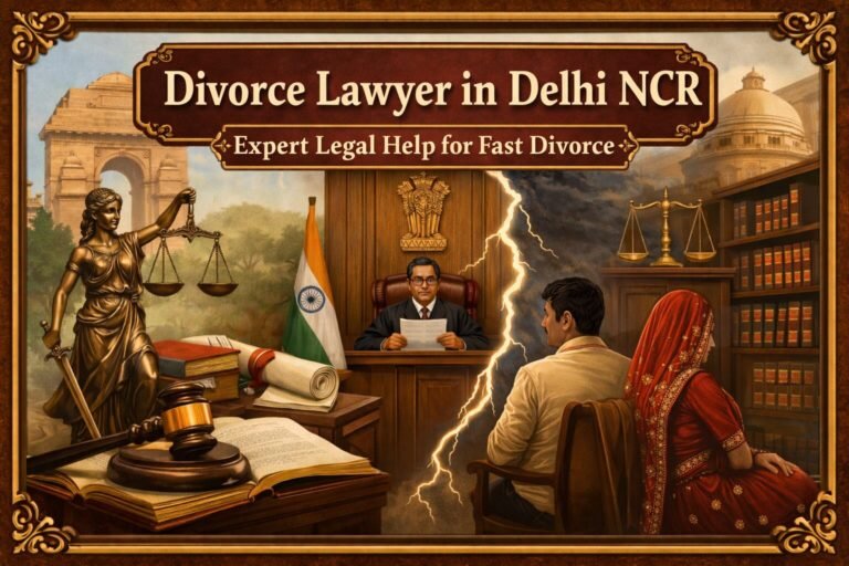 Divorce lawyer in Delhi NCR courtroom scene with judge, couple and Lady Justice symbolizing legal separation