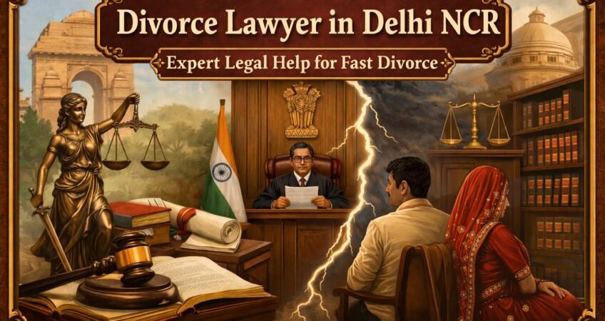 Divorce lawyer in Delhi NCR courtroom scene with judge, couple and Lady Justice symbolizing legal separation
