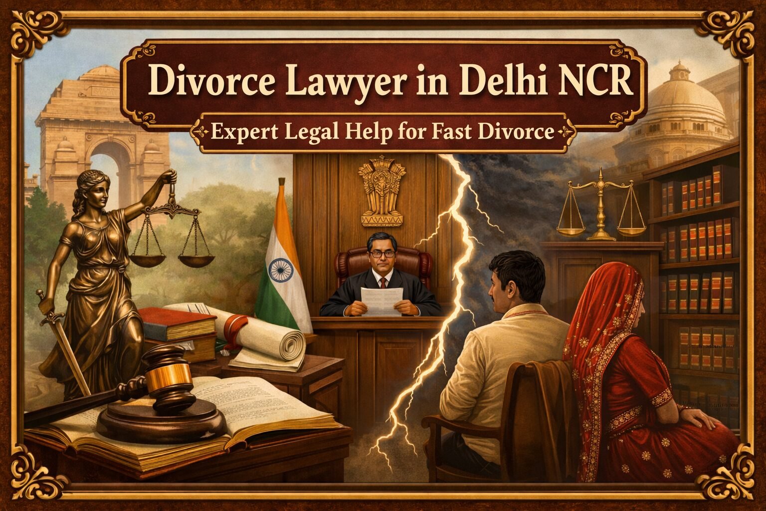 Divorce lawyer in Delhi NCR courtroom scene with judge, couple and Lady Justice symbolizing legal separation