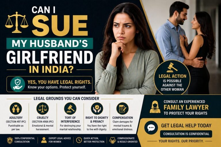 Can I sue my husband girlfriend in India legal banner showing distressed wife with legal rights, adultery law, cruelty and compensation options