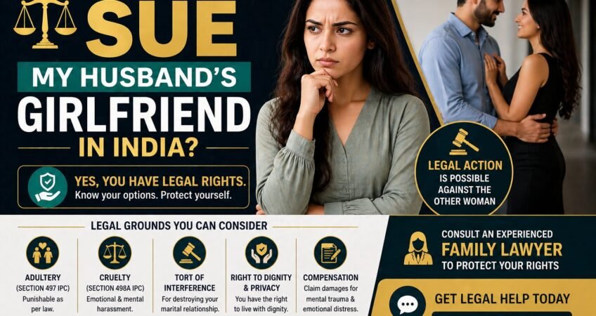 Can I sue my husband girlfriend in India legal banner showing distressed wife with legal rights, adultery law, cruelty and compensation options