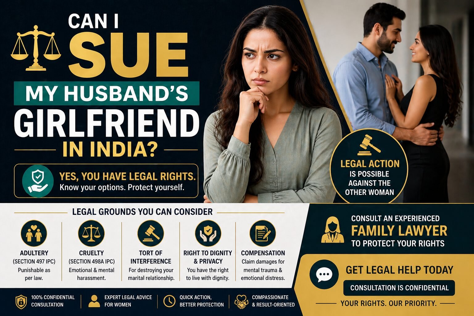 Can I sue my husband girlfriend in India legal banner showing distressed wife with legal rights, adultery law, cruelty and compensation options