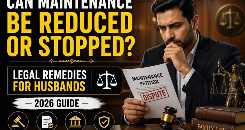 Courtroom scene showing a concerned husband reviewing a maintenance petition dispute with legal remedies for reducing or stopping maintenance in India 2026