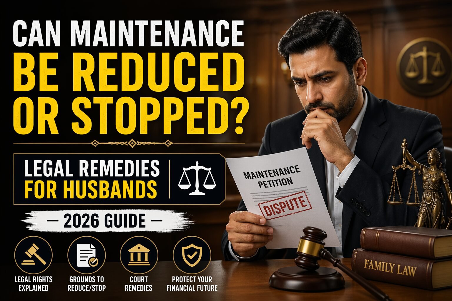 Courtroom scene showing a concerned husband reviewing a maintenance petition dispute with legal remedies for reducing or stopping maintenance in India 2026