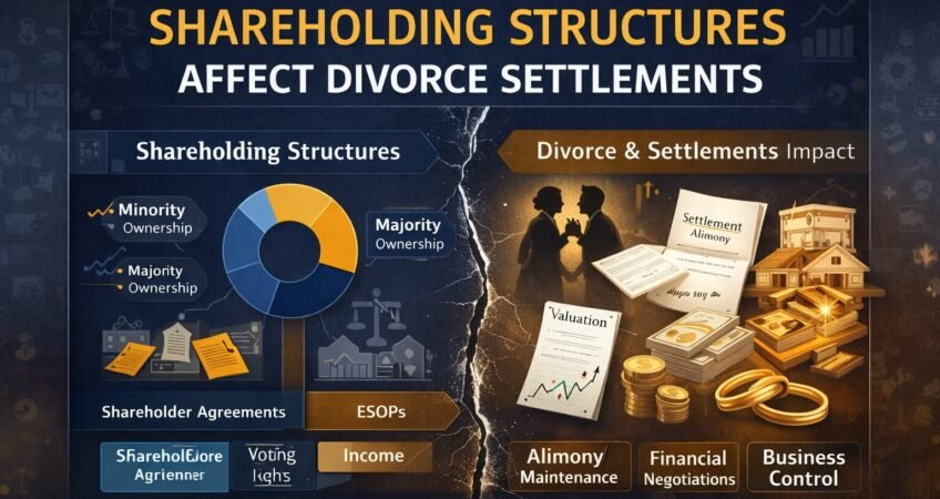 Infographic showing how shareholding structures affect divorce settlements in India, including equity ownership, ESOPs, alimony, and business control in Delhi