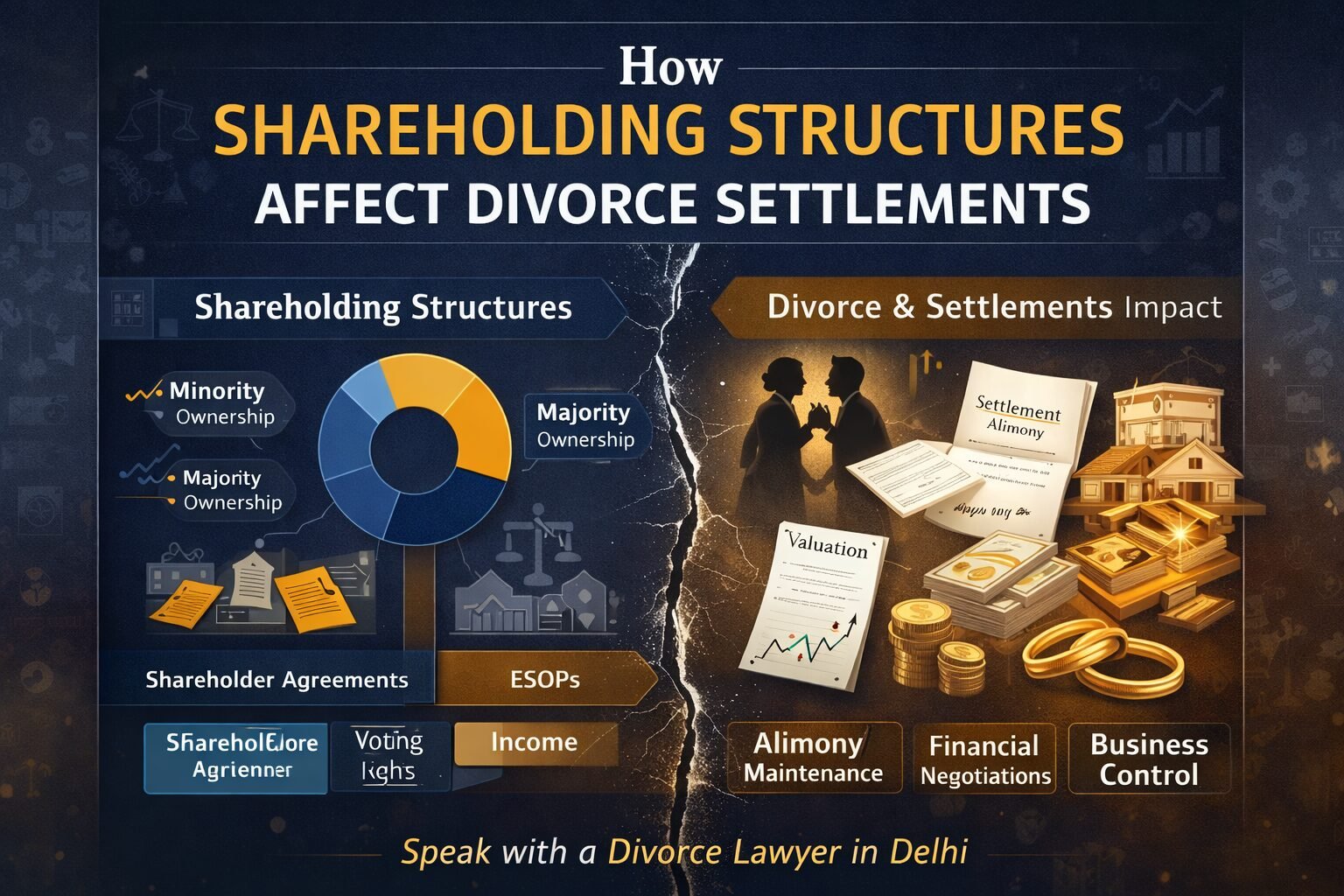 Infographic showing how shareholding structures affect divorce settlements in India, including equity ownership, ESOPs, alimony, and business control in Delhi