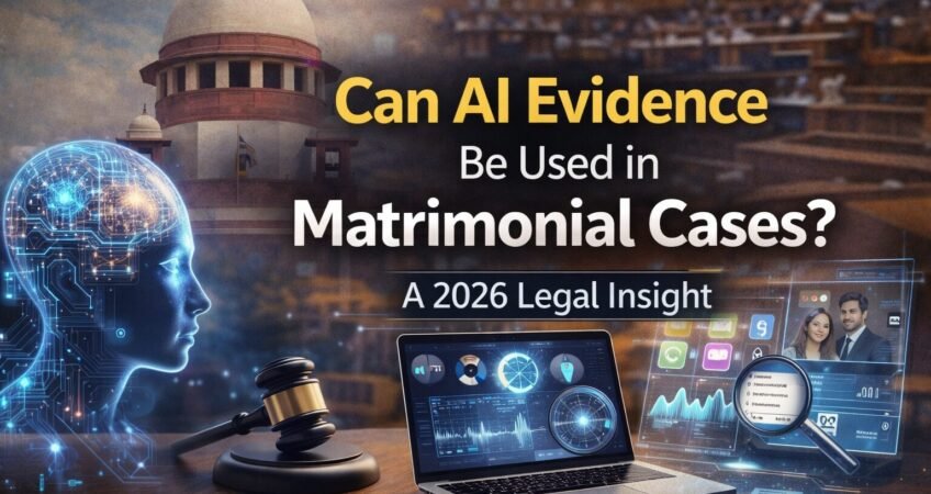 AI evidence in matrimonial cases Delhi, showing Indian Supreme Court, artificial intelligence interface, digital evidence analysis, and legal courtroom setting.