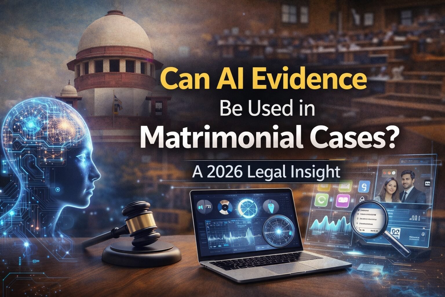 AI evidence in matrimonial cases Delhi, showing Indian Supreme Court, artificial intelligence interface, digital evidence analysis, and legal courtroom setting.