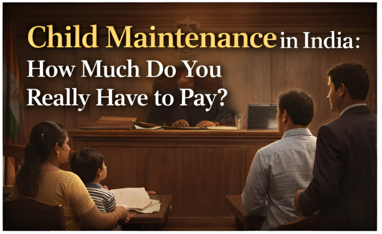 Child maintenance in India courtroom scene with judge, parents, and child during legal proceedings with text about maintenance amount and court decision
