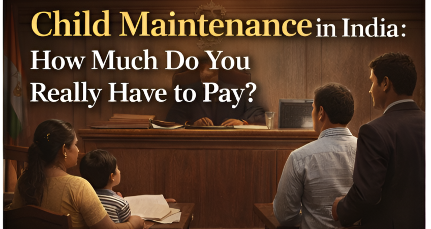 Child maintenance in India courtroom scene with judge, parents, and child during legal proceedings with text about maintenance amount and court decision