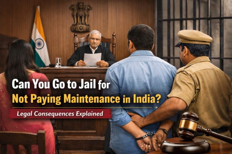 Indian court scene showing a judge ordering arrest for non-payment of maintenance with police and accused present, highlighting legal consequences in India