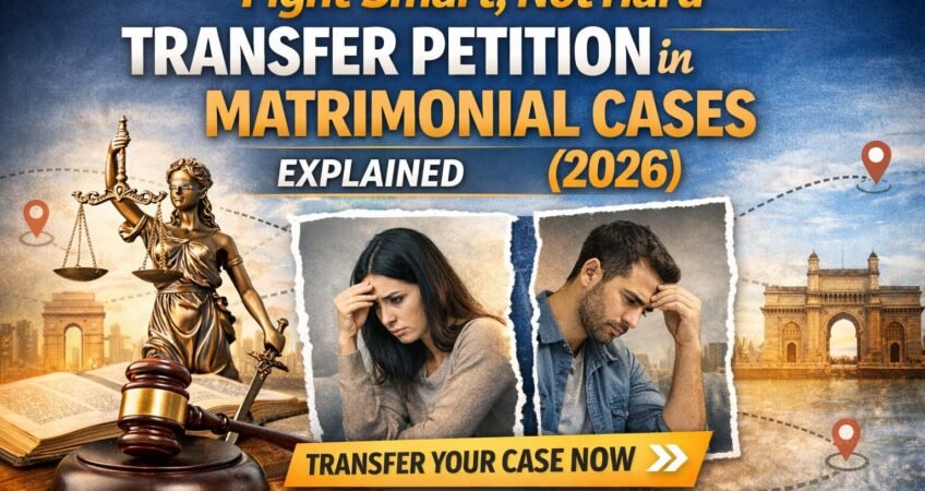 Fight smart not hard transfer petition in matrimonial cases banner showing legal strategy, distressed couple, Lady Justice, and Indian court landmarks for case transfer concept