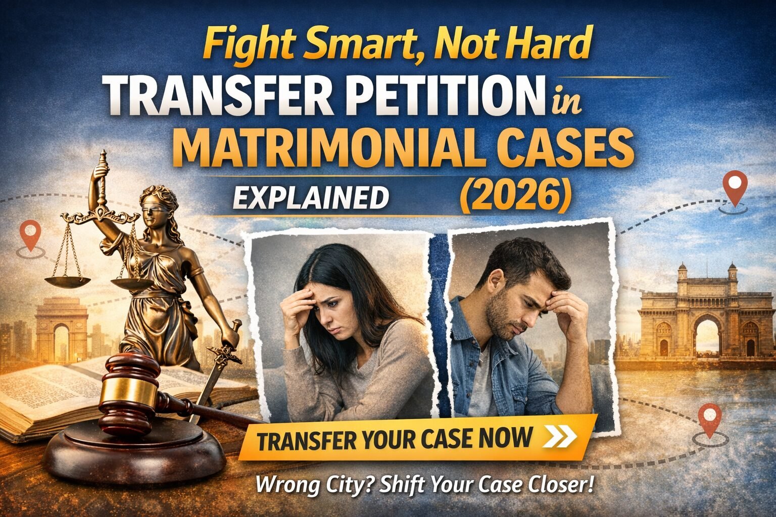 Fight smart not hard transfer petition in matrimonial cases banner showing legal strategy, distressed couple, Lady Justice, and Indian court landmarks for case transfer concept