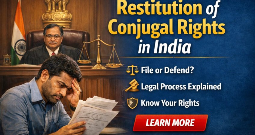Restitution of conjugal rights in India courtroom scene with judge and stressed husband holding legal papers