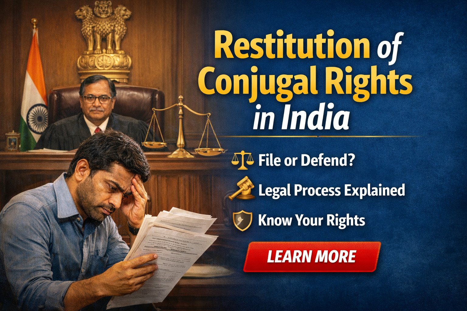 Restitution of conjugal rights in India courtroom scene with judge and stressed husband holding legal papers