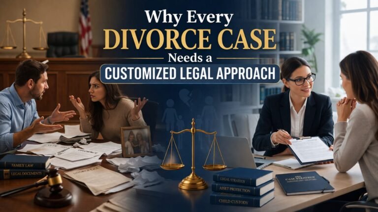 Divorce case illustration showing a conflicted couple and a lawyer providing a customized legal strategy in a courtroom setting