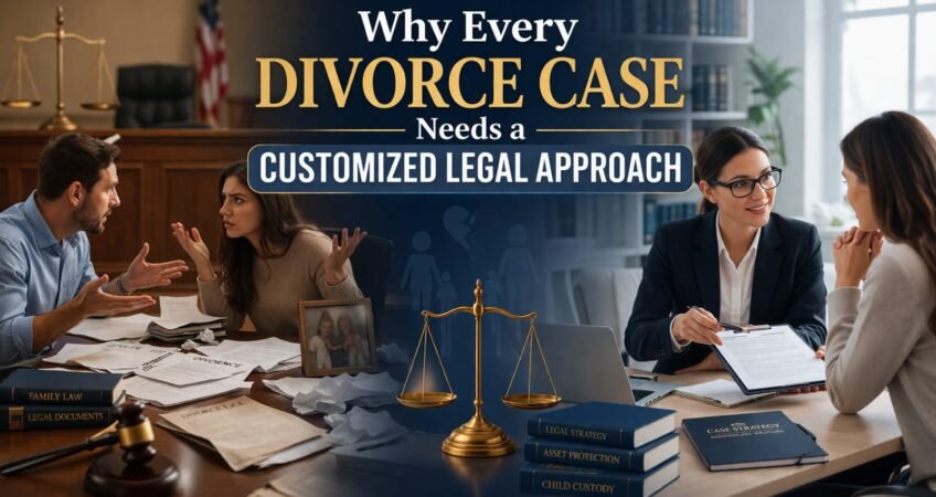 Divorce case illustration showing a conflicted couple and a lawyer providing a customized legal strategy in a courtroom setting