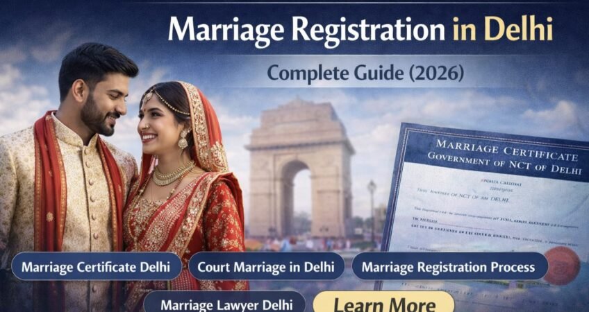 Marriage registration in Delhi banner showing Indian couple with marriage certificate and India Gate – complete guide 2026