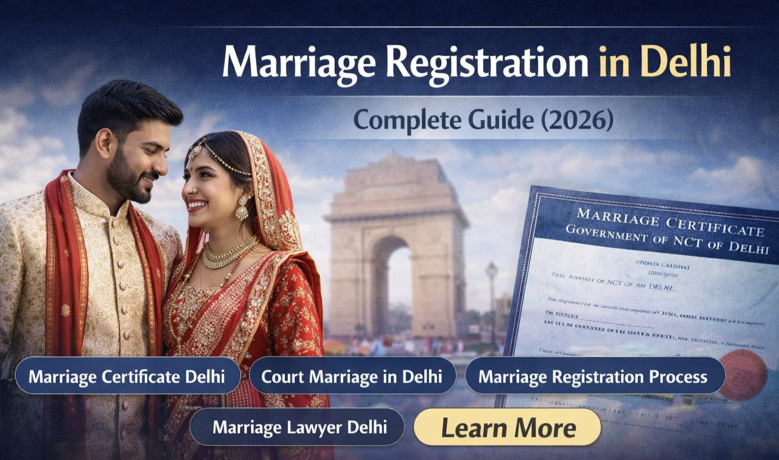 Marriage registration in Delhi banner showing Indian couple with marriage certificate and India Gate – complete guide 2026