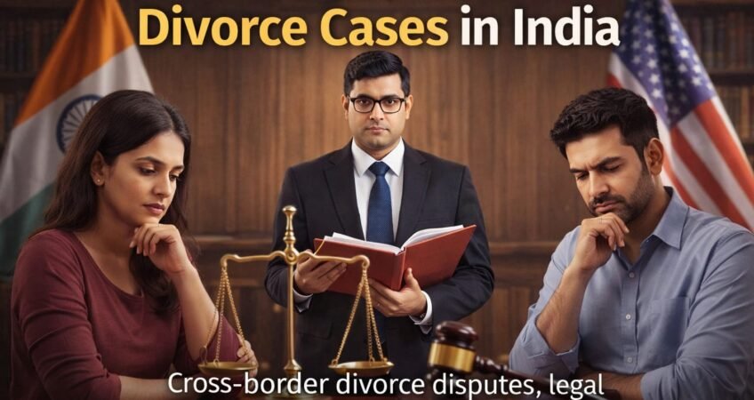 NRI divorce case in India with couple and lawyer in courtroom, cross-border marriage dispute, divorce lawyer in Delhi handling international legal issues