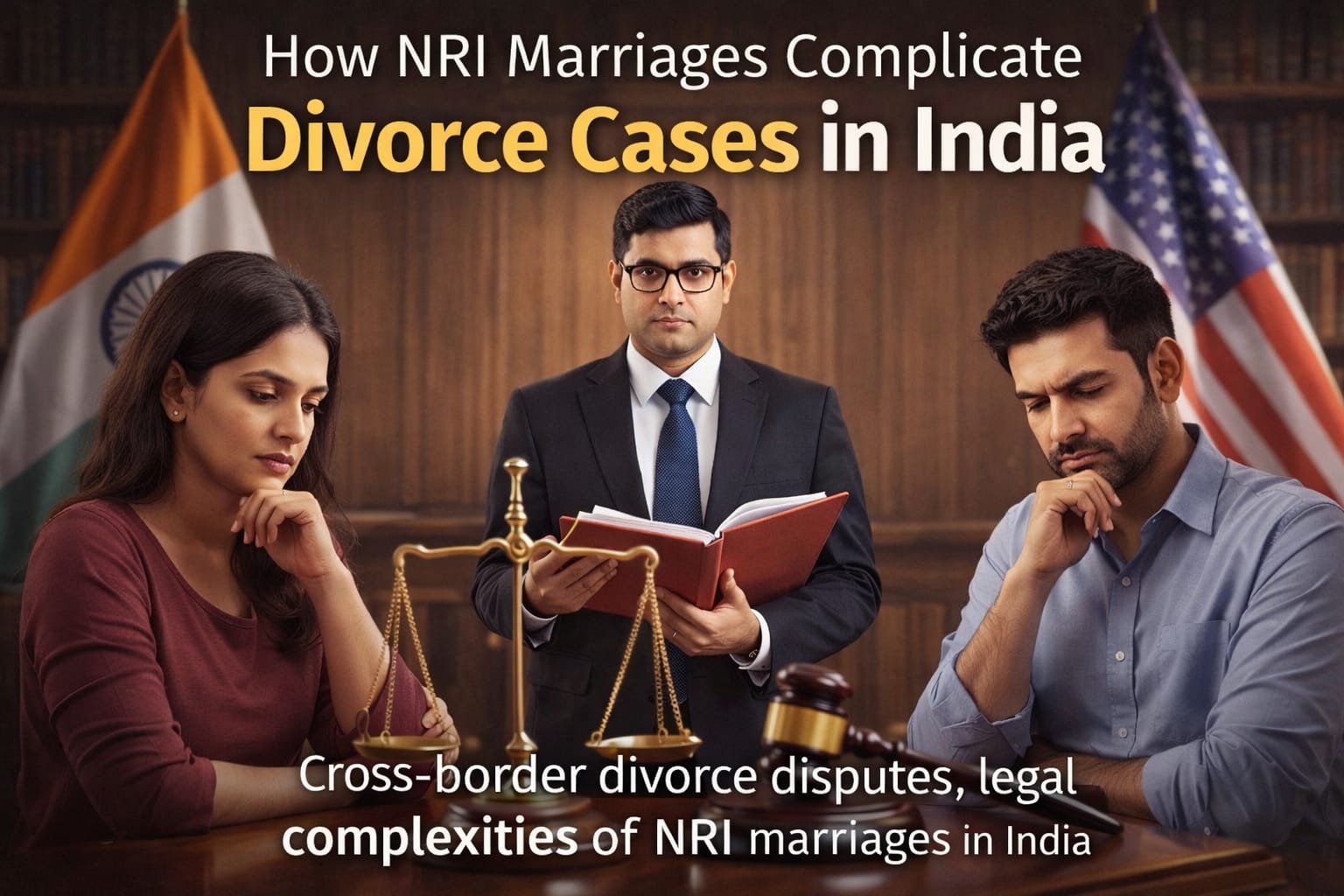 NRI divorce case in India with couple and lawyer in courtroom, cross-border marriage dispute, divorce lawyer in Delhi handling international legal issues
