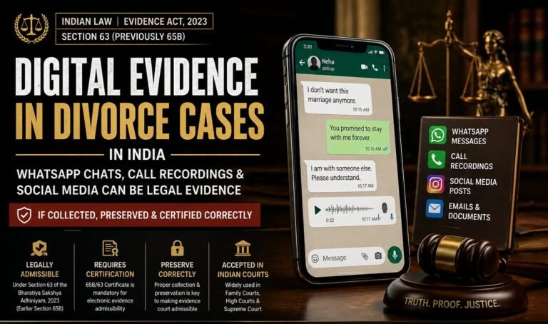 Digital evidence in divorce cases India showing WhatsApp messages, call recordings and social media proof under Section 65B law