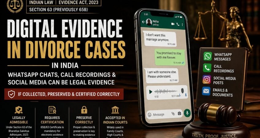 Digital evidence in divorce cases India showing WhatsApp messages, call recordings and social media proof under Section 65B law