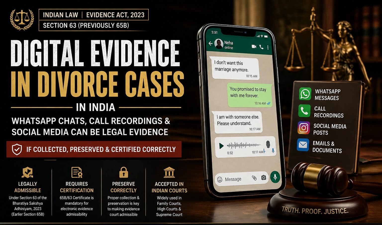 Digital evidence in divorce cases India showing WhatsApp messages, call recordings and social media proof under Section 65B law
