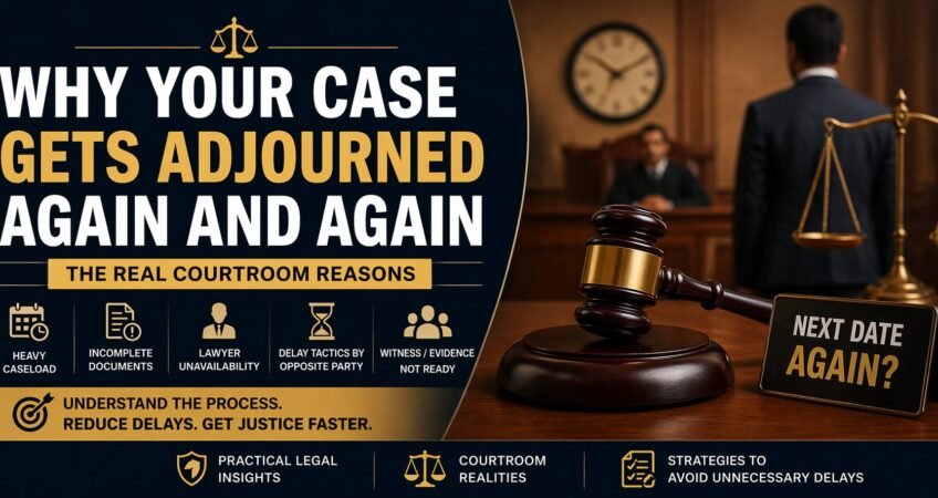 court case adjournment in India banner showing judge gavel courtroom and reasons for repeated delays in court hearings