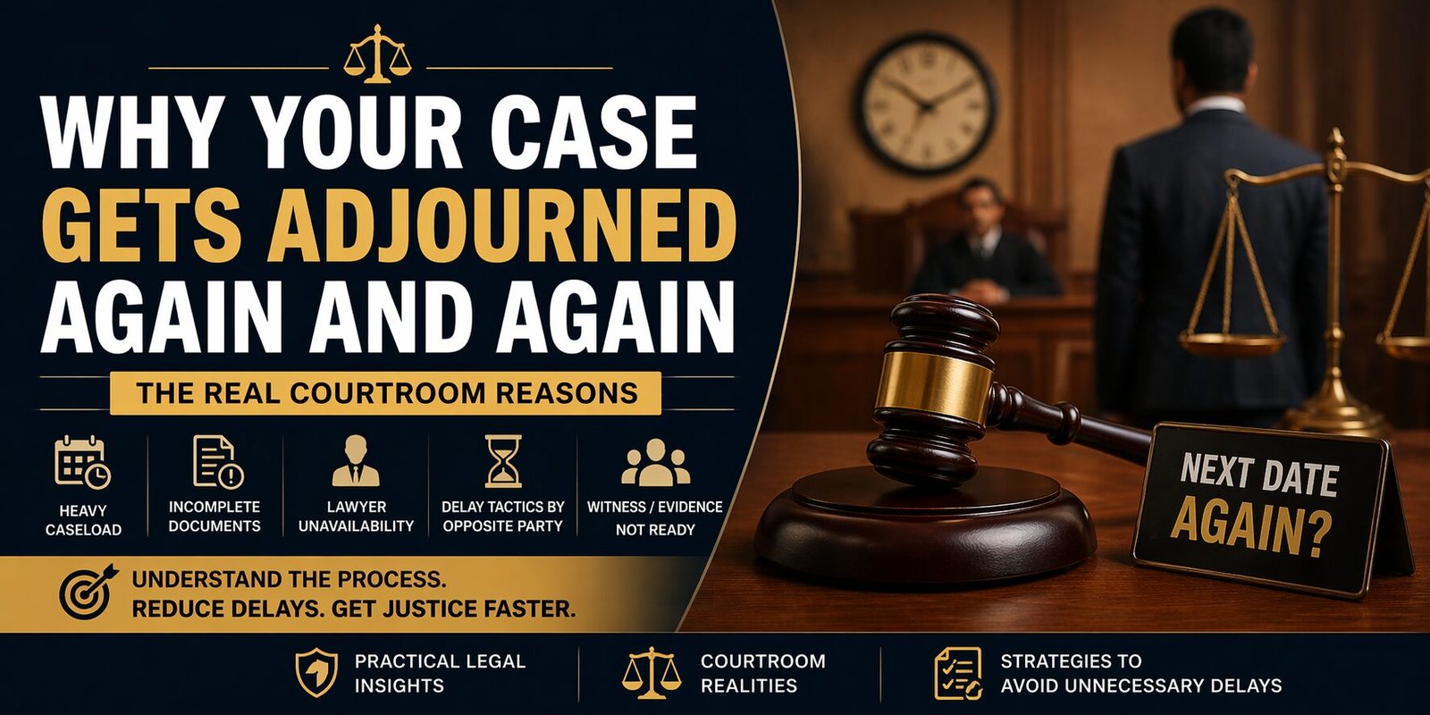court case adjournment in India banner showing judge gavel courtroom and reasons for repeated delays in court hearings