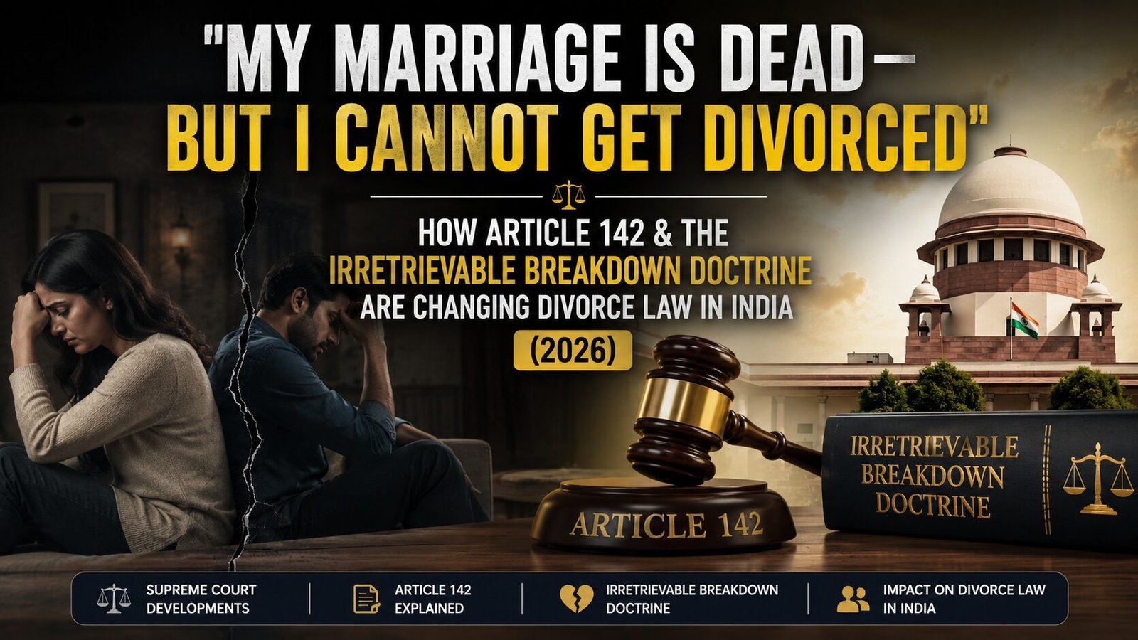 A dramatic legal-themed banner showing an emotionally distant couple separated by a crack, symbolizing a broken marriage. On the right, the Supreme Court of India, a judge’s gavel marked “Article 142,” and a legal book titled “Irretrievable Breakdown Doctrine” represent evolving divorce laws in India. The headline reads: “My Marriage Is Dead — But I Cannot Get Divorced” and highlights how Article 142 and the irretrievable breakdown doctrine are reshaping divorce law in 2026.