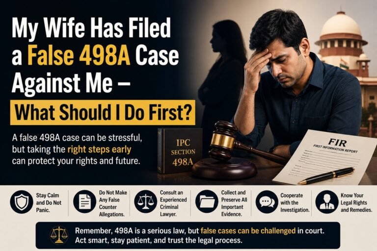 Legal awareness banner showing a distressed man facing a false Section 498A case allegation, with courtroom imagery, a judge’s gavel, FIR document, and the Supreme Court of India in the background.